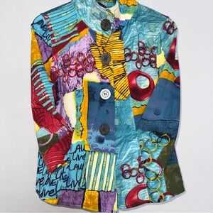 Multiples Multicolor Abstract Button up Jacket Pockets S 3/4‎ sleeve Art to Wear
